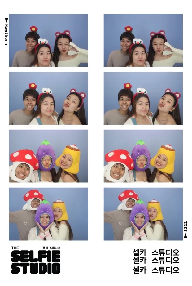8 photos of three people wearing playful hats framed in a white border