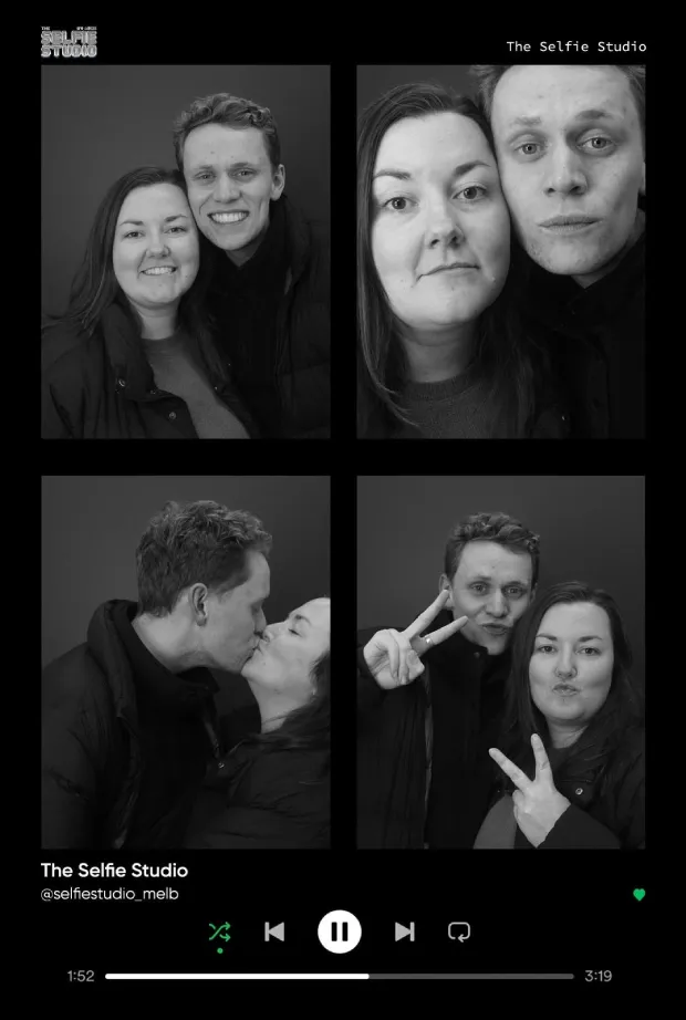 4 black and white photos of a couple framed in a black border
